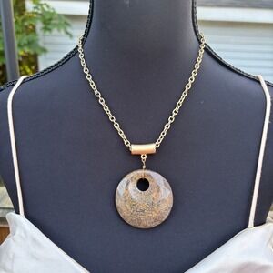 Statement Necklace Gold Tone Chain Brown Donut Circle Pendant Fashion‎ Jewelry